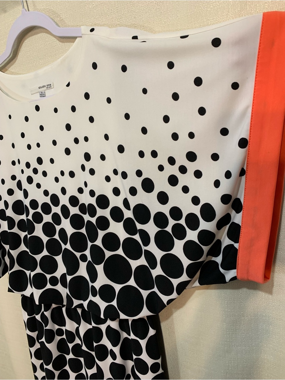 Studio One White and Black Polka Dot Midi Dress with Coral Trim a1/40 - Picture 5 of 7